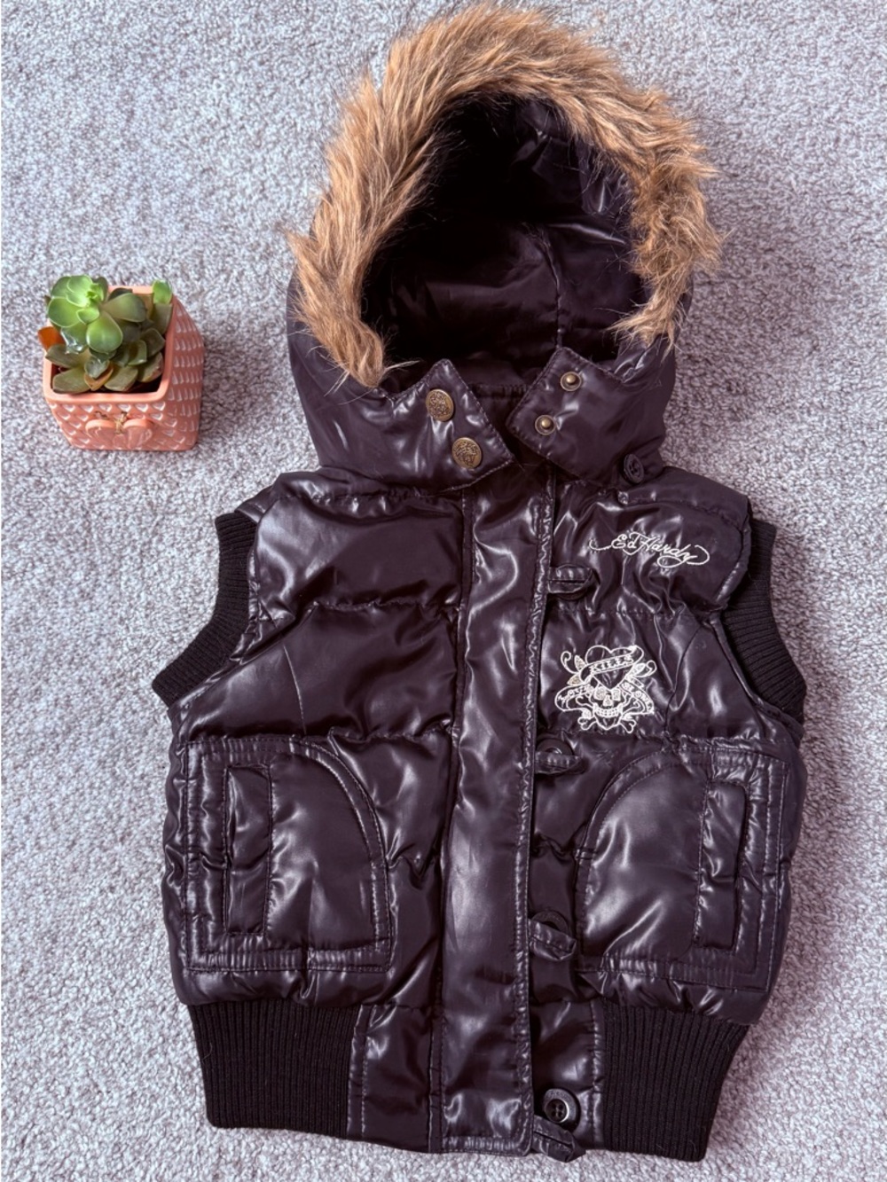 Vintage Kids Ed Hardy Black Puffer Hooded Vest with Faux Fur Trim Rare 4T Y2K